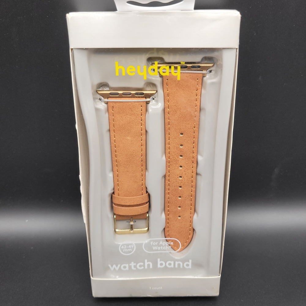 heyday Apple Watch Band 42/44/45/49mm Brown Faux Leather Gold Buckle NEW